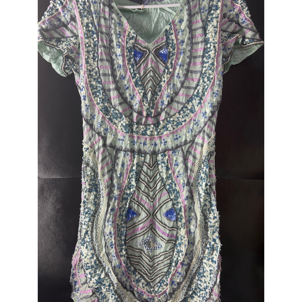 Antik Batik Mint Green Beaded Sequin Mini Dress V-Neck Boho Short Sleeve - Picture 3 of 12